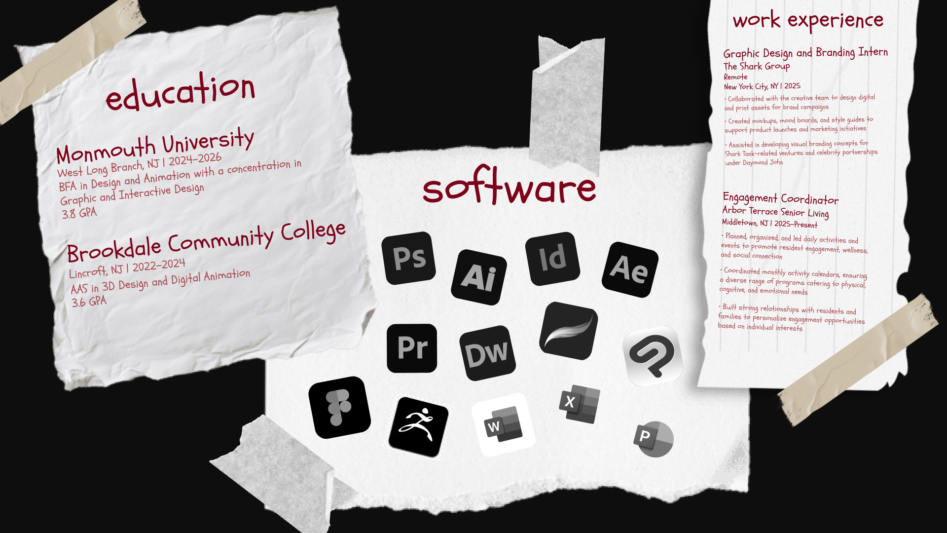 Paper collage resume: education, software and work experience