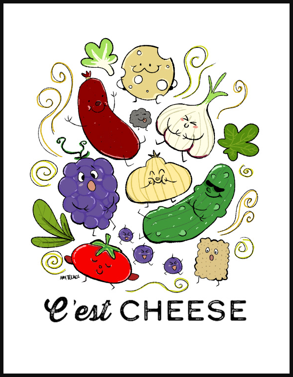 Tote bag artwork: cheese, grapes, pickle and tomato characters