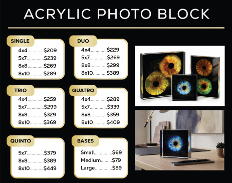 Eyeris acrylic photo block price sheet